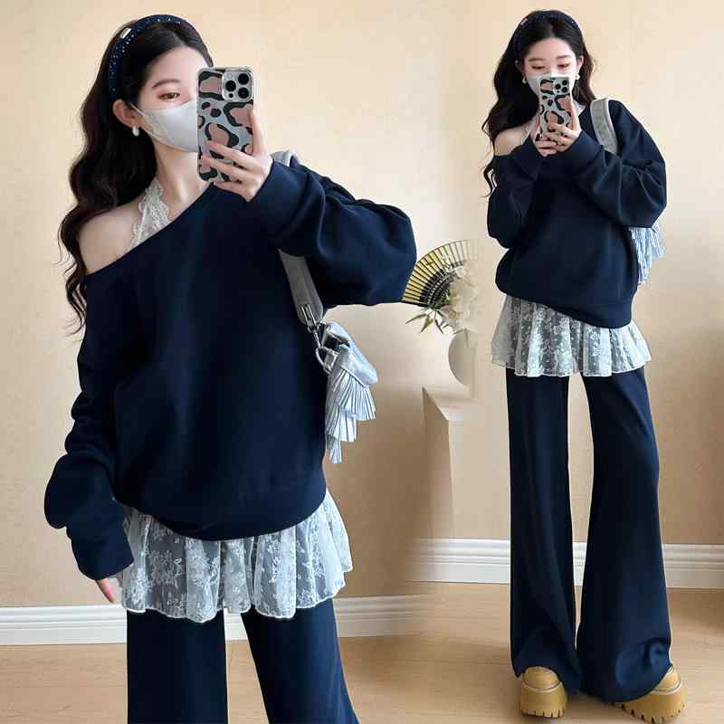 マタニティウェア 春秋 スウェット セットアップ 長袖 トップス レース キャミソール 産前 産後 ゆった..