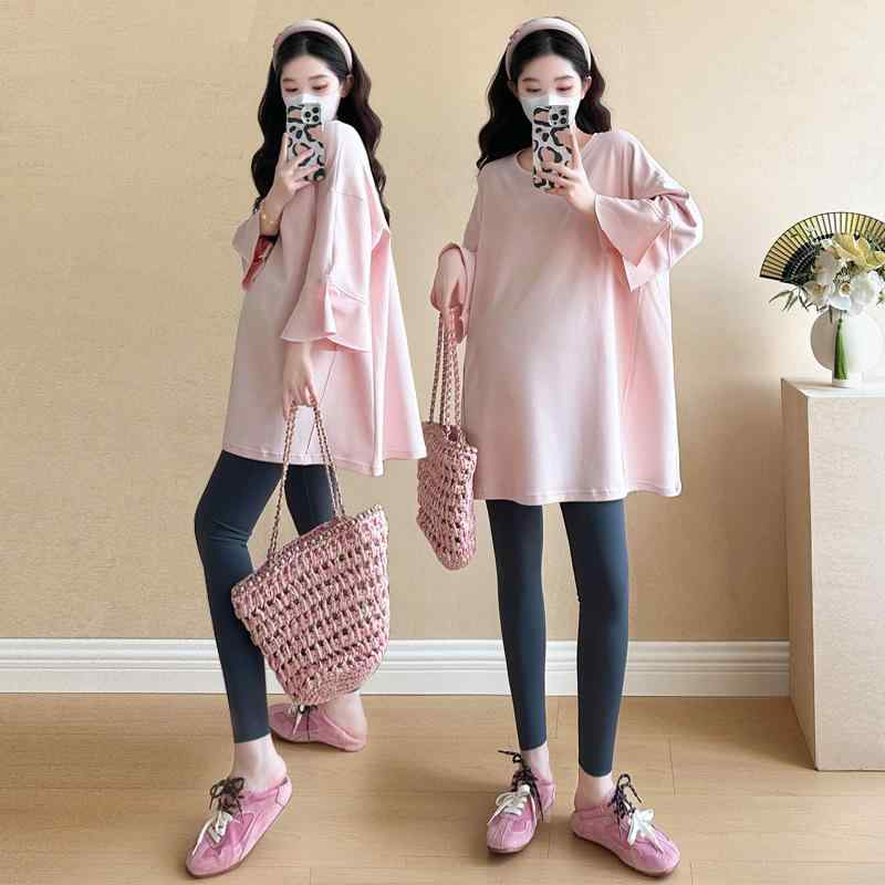 Tシャツ レディース マタニティ 春秋 ゆったり 七分袖 ラウンドネック チュニック丈 コットン 95%以上 ..