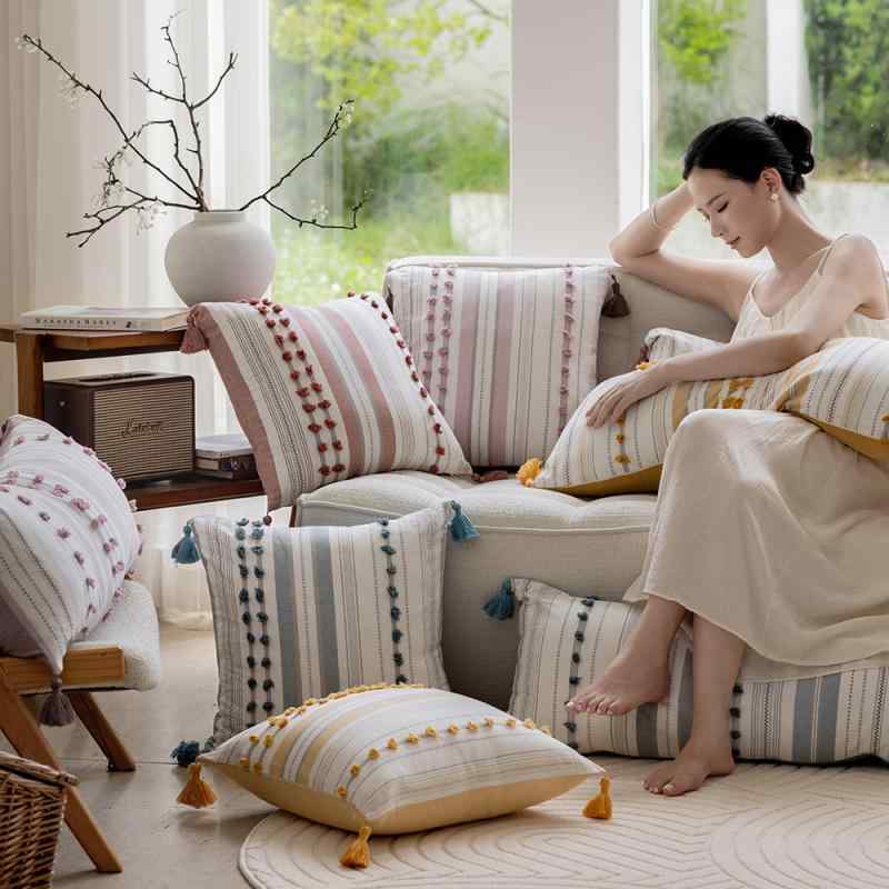 クッションカバー 北欧風 ストライプ 幾何学模様 水洗い綿 提花 タッセル 抱き枕カバー ロングサイズ 4..