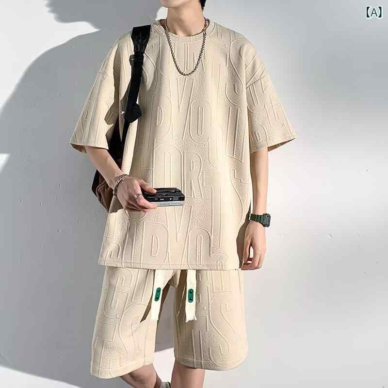 セットアップ メンズ 男性用 Tシャツ ショートパンツ 5分袖 提花 織り柄 ポリエステル 薄手 杏色 黒 白 部屋着 普段使い 休闲 春夏