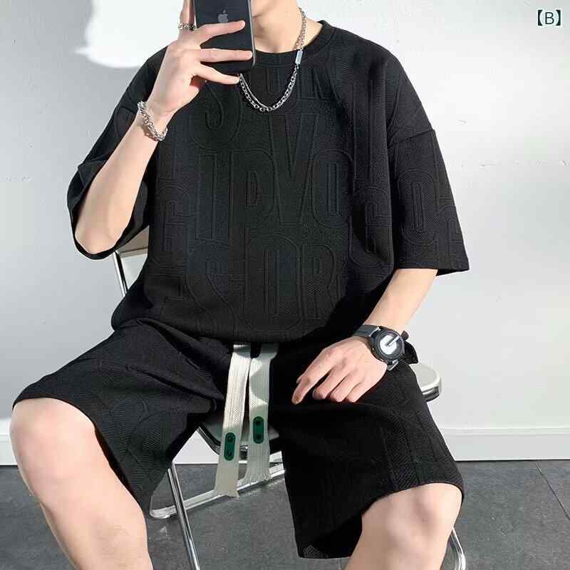 セットアップ メンズ 男性用 Tシャツ ショートパンツ 5分袖 提花 織り柄 ポリエステル 薄手 杏色 黒 白 部屋着 普段使い 休闲 春夏