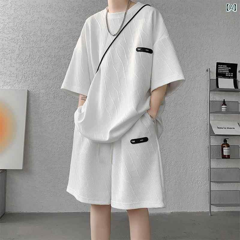 メンズ スポーツ カジュアル 半袖 Tシャツ ハーフパンツ セットアップ 普段使い 部屋着 ポリエステル ホワイト ブラック カーキ M L XL 2XL 3XL 4XL 5XL