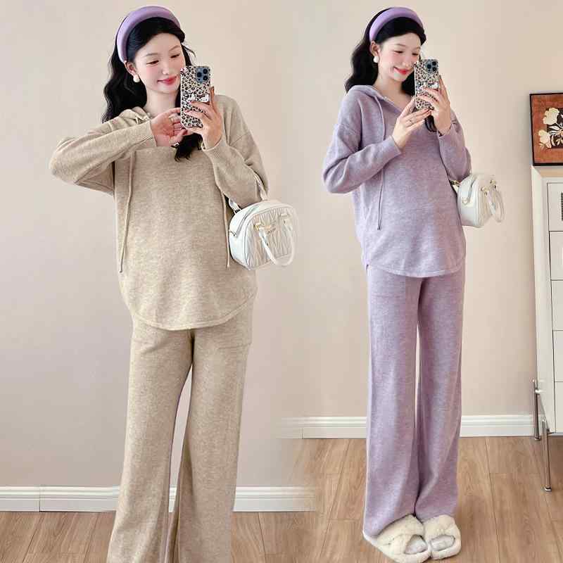 マタニティウェア レディース 春秋冬 綿混紡 長袖パーカー ワイドパンツ セットアップ 紫色 杏色 茶色 黒 M L XL 2XL 部屋着 ルームウェア