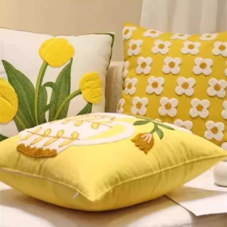 クッションカバー 北欧 田園 植物 花柄 刺繍 ソファ 枕 45 45cm PP綿 抱き枕 インテリア リビング 寝室 かわいい 七色花 七朵雏菊 向阳花 黄莲花