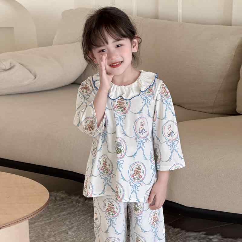 子供用パジャマ 女の子 小花柄 レース襟 キッズルームウェア 上下セット 薄手 接触冷感 吸湿速乾 かわいい ガールズ 春夏