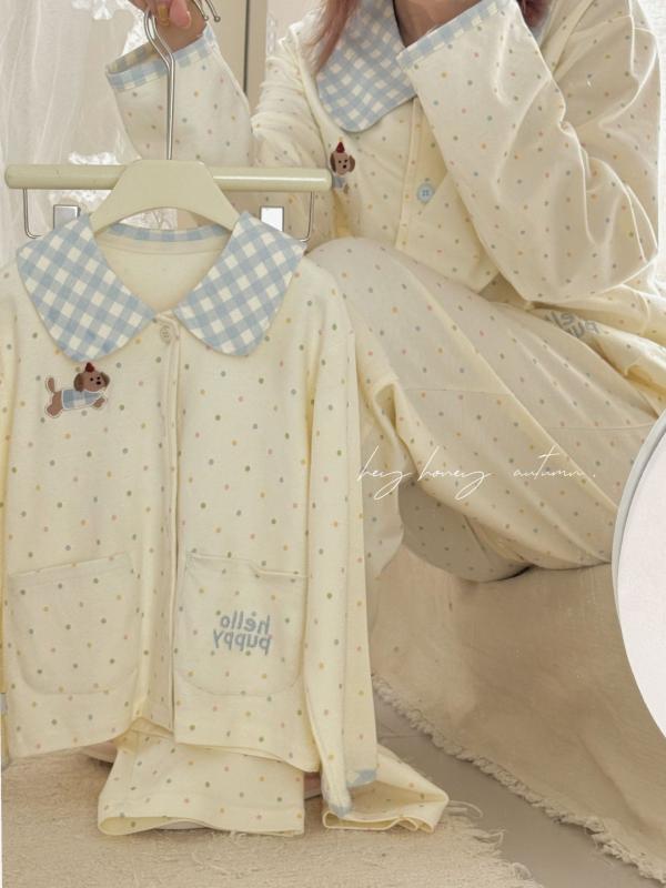 子供用パジャマ 上下セット 春秋 ベビー 女の子 男の子 綿100％ 吸湿性 通気性 ルームウェア 部屋着 かわいい 杏色 波点 小犬 90 100 110 120 130 140 150 160 170 cm