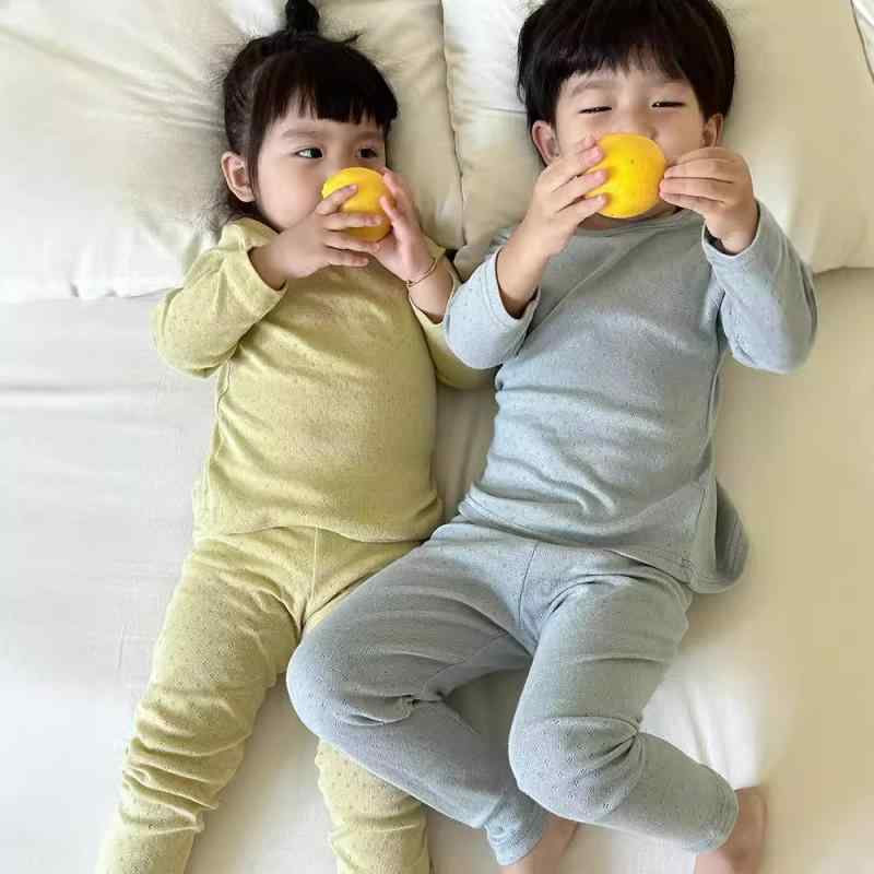 子供用パジャマ キッズ ベビー 男女兼用 綿100% 長袖 トップス パンツ 上下セット 無地 春秋 薄手 部屋着 ルームウェア 80 90 100 110 120 130 140 150 160cm ピンク イエロー グリーン ブルー グレー