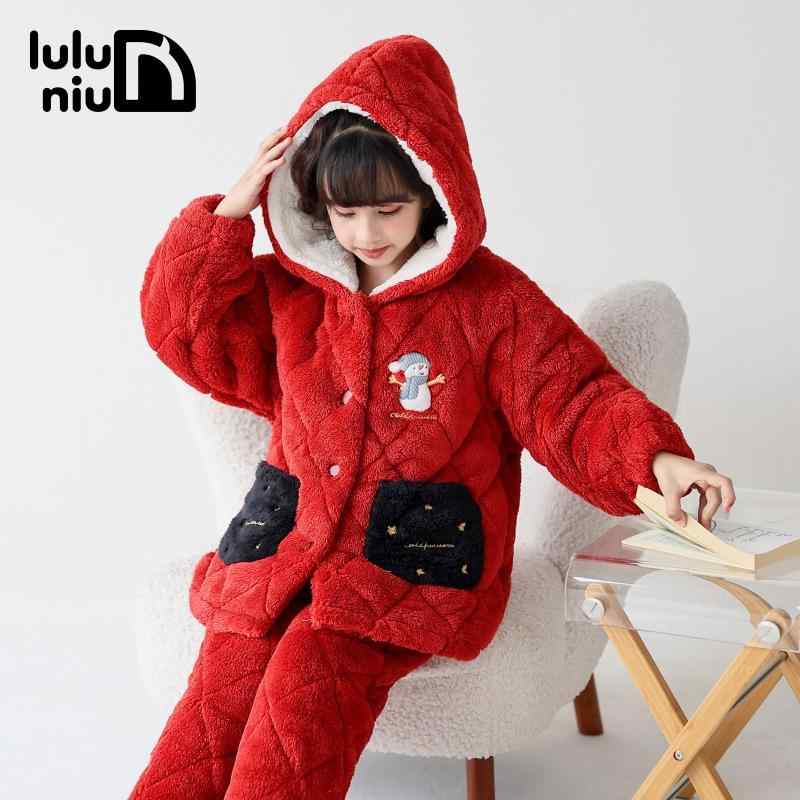 子供用パジャマ 女児 フランネル 三層 中綿 厚手 女の子 珊瑚フリース 部屋着 大童 ポリエステル 冬 赤色 110cm 120cm 130cm 140cm 150cm 160cm