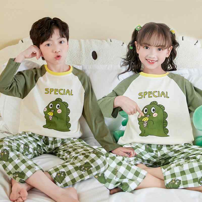 子供用パジャマ 春秋 長袖 綿100% プリント かわいい 恐竜 男の子 女の子 ルームウェア 上下セット 吸湿 通気 110cm 120cm 130cm 140cm 150cm 160cm