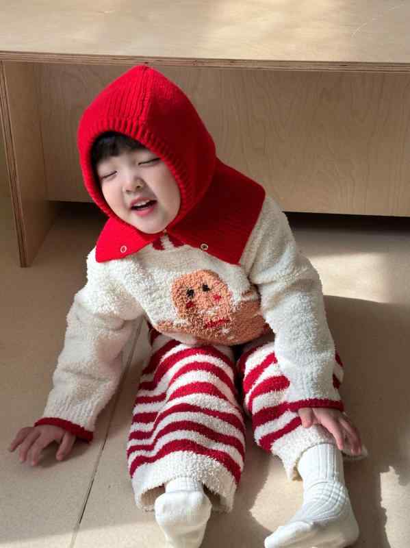 子供服 秋冬 パジャマ 上下セット ストライプ 起毛 親子ペア ベージュ ジンジャーマン柄 暖かい 綿 ホームウェア 男の子 女の子 90 100 110 120 130 140cm