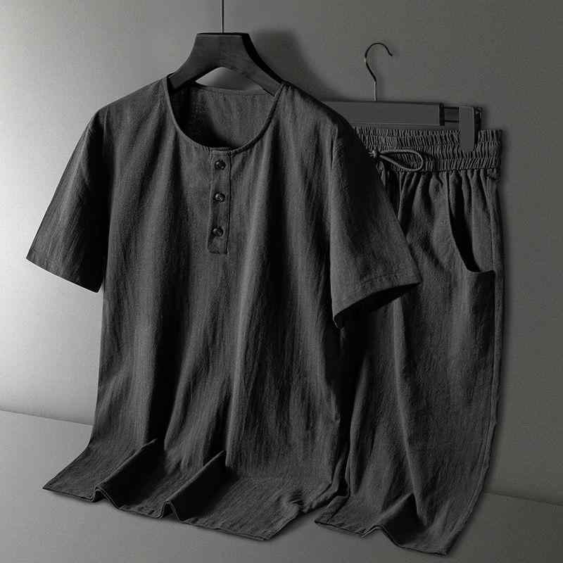 セットアップ メンズ 男性用 中国風 綿麻 半袖 短パン 上下 2点セット 夏 普段使い 部屋着 ブラック グ..