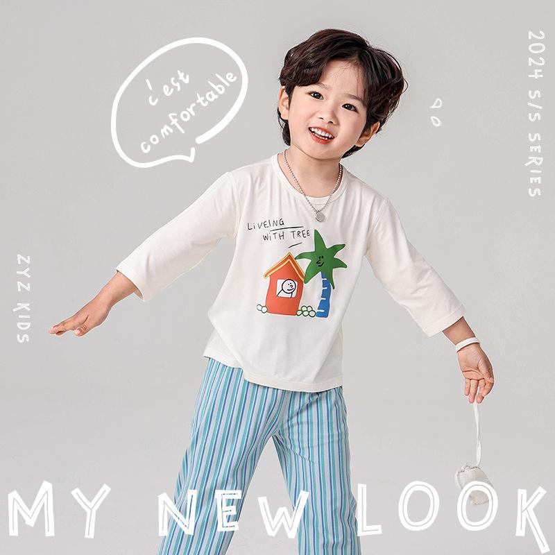 子供用パジャマ 上下セット 半袖&七分丈パンツ アセテート繊維 ストライプ柄 かわいい漫画の柄 吸湿 通気性 春夏 薄手 部屋着 ルームウェア