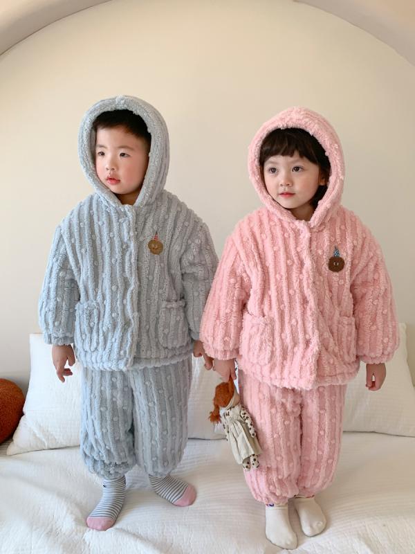 子供用パジャマ キッズ ベビー 男女兼用 ホームウェア 上下セット フランネル 厚手 ベージュ 水色 ピン..