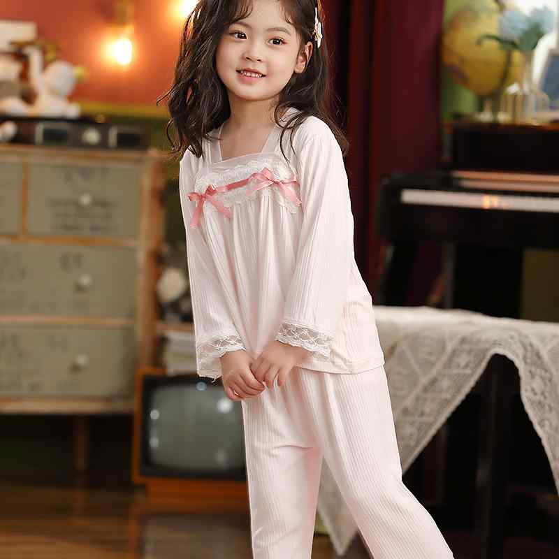 子供服 パジャマ 女の子 春秋 長袖 レース かわいい キッズ ジュニア 薄手 上下セット 綿 部屋着 モダール ピンク系 110cm 120cm 130cm 140cm 150cm 160cm