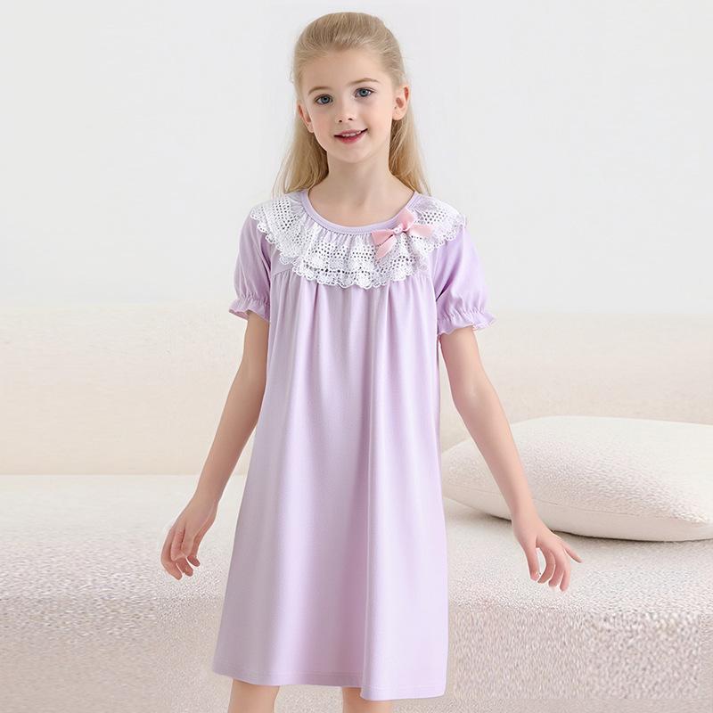 子供用パジャマ ワンピース 春夏 半袖 綿 レース フリル かわいい 吸湿速乾 薄手 女の子 ルームウェア 部屋着 親子コーデ