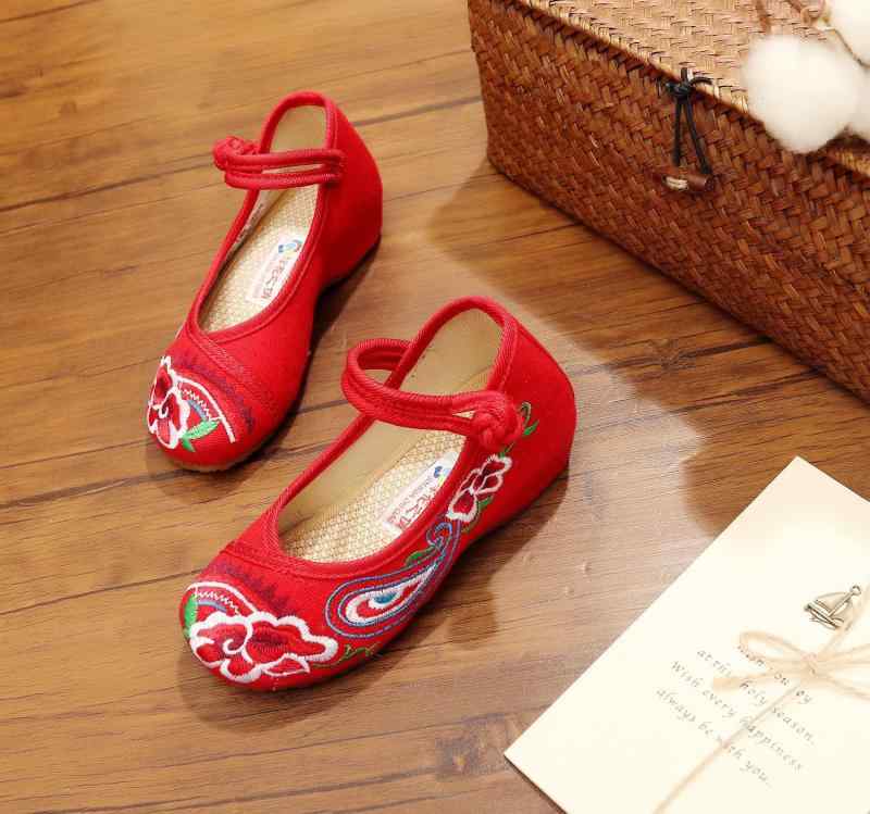 靴 キッズ 女の子 帆布シューズ スニーカー 刺繍 花柄 民族風 チャイナシューズ ベルクロ フラット 牛..