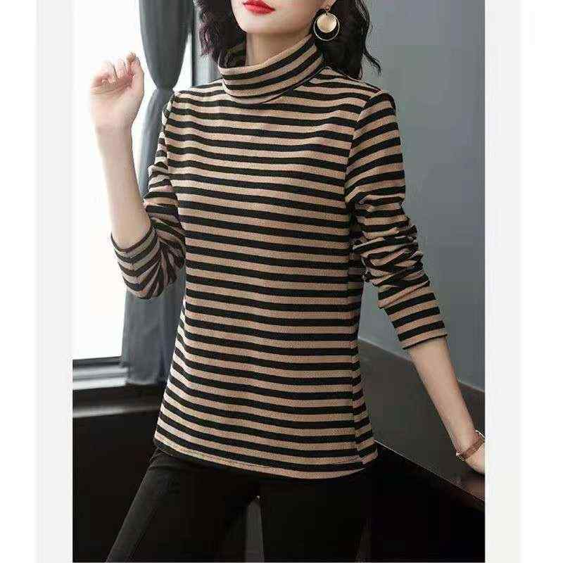 Tシャツ レディース 大きいサイズ 裏起毛 ハイネック トップス 長袖 条纹 プルオーバー ゆったり カッ..