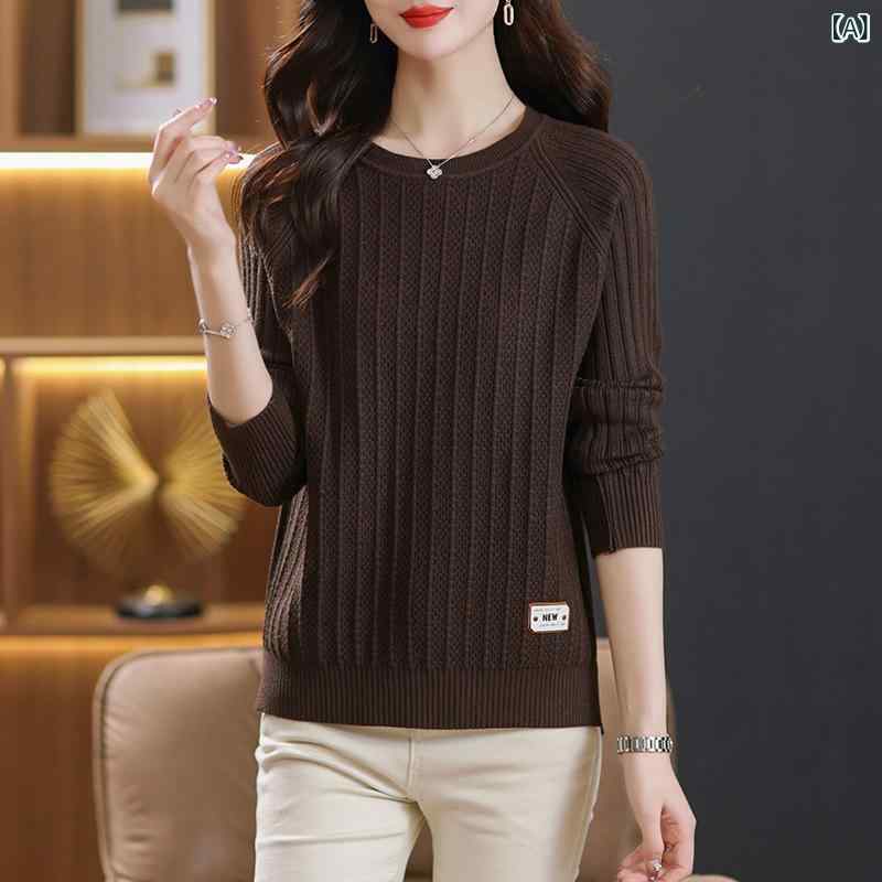 ニット レディース 長袖 トップス ラウンドネック プルオーバー チュニック丈 ゆったり 伸縮性 ポリエ..