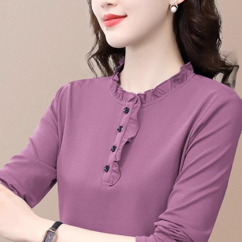 Tシャツ レディース 長袖 コットン 秋冬 きれいめ スリム 通勤 波浪ネック 杏色 ライラック ブリックレ..