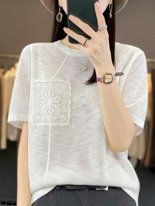 ニット レディース 薄手 Tシャツ リネンブレンド ラウンドネック 半袖 トップス 婦人服 カットソー 麻 ..