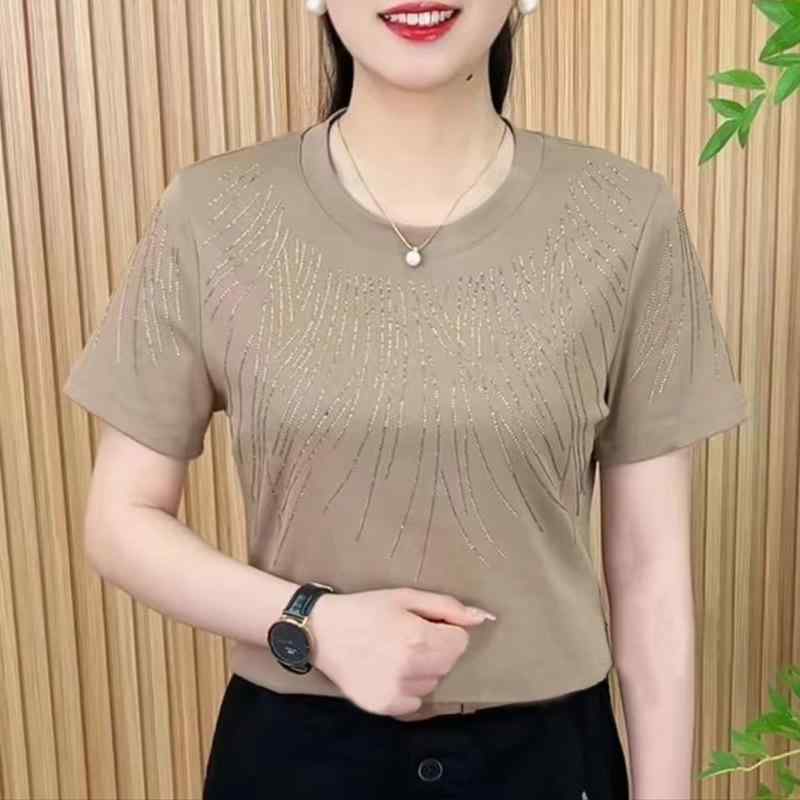 Tシャツ レディース 半袖 ラウンドネック キラキラ ビジュー ゆったり ミセス トップス カットソー ポ..