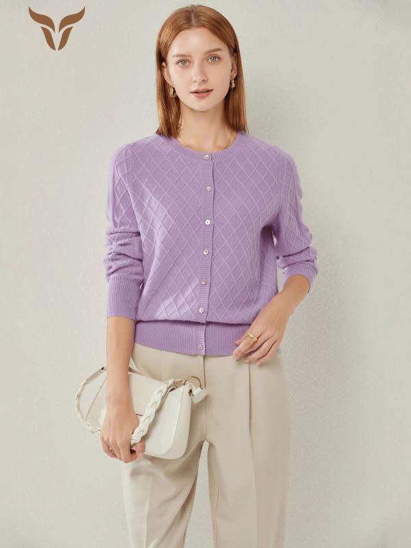 ニット カーディガン レディース 長袖 丸首 ウール カシミヤ混 刺繍 幾何学模様 ゆったり 厚手 暖かい ..