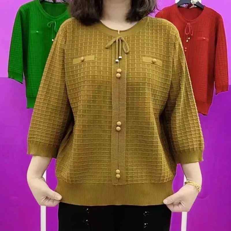 ニット レディース 七分袖 トップス 春夏 薄手 カットソー 接触冷感 接触涼感 ゆったり ラウンドネック..