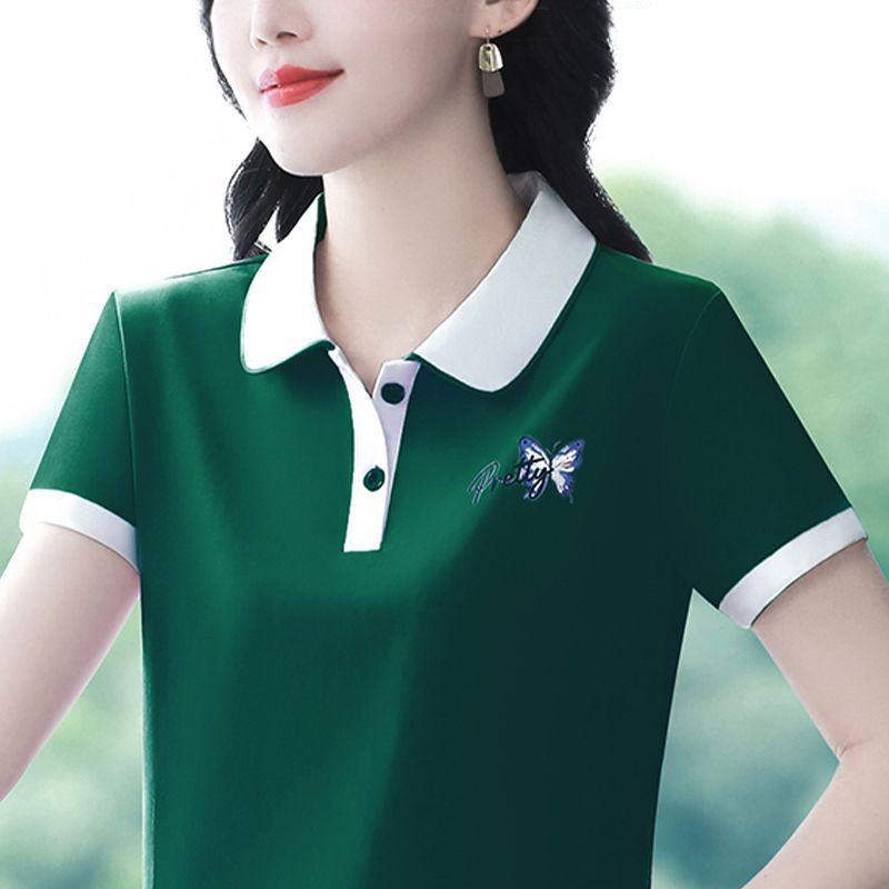 Tシャツ レディース 半袖 ポロシャツ風 トップス 綿 襟付き カットソー 直筒型 通勤着 普段使い 湖藍色..