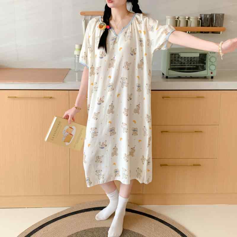 ワンピース レディース パジャマ ルームウェア 部屋着 Vネック 半袖 膝丈 ゆったり かわいい 春夏 秋 ..