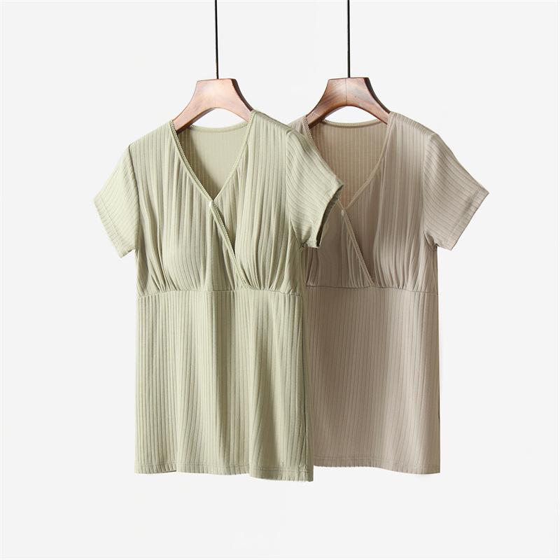 授乳服 レディース 半袖 Tシャツ カットソー マタニティウェア 薄手 接触冷感 Vネック 再生繊維 抹茶グ..