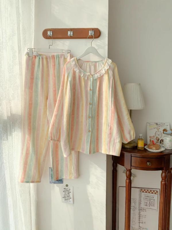 マタニティウェア レディース 授乳服 長袖 コットン 上下セット 春秋 薄手 産後 授乳 パジャマ ルームウェア 綿100% かわいい 彩り ストライプ イチゴ クマ 花柄 キノコ