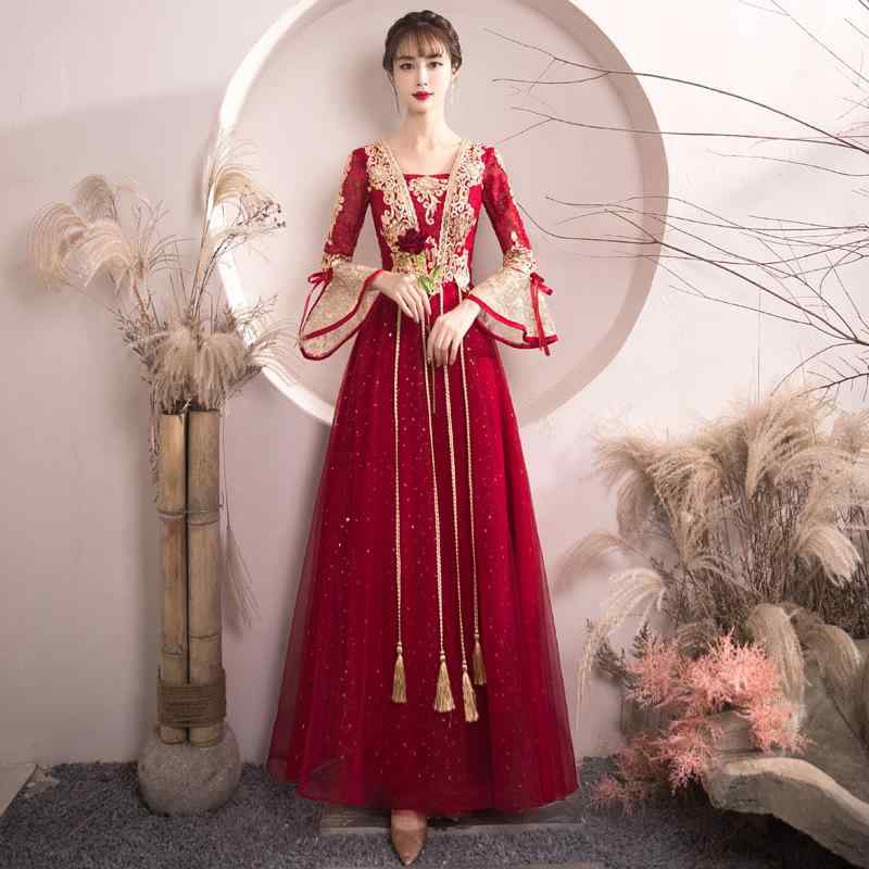 ウェディングドレス レディース 結婚式用ガウン 酒 красный 赤色 ロング丈 Aライン 高腰 長袖 妊娠中で..