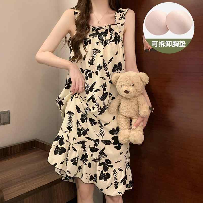 ワンピース レディース 春夏 薄手 接触冷感 涼しい 部屋着 吊りスカート 水墨画柄 M L XL