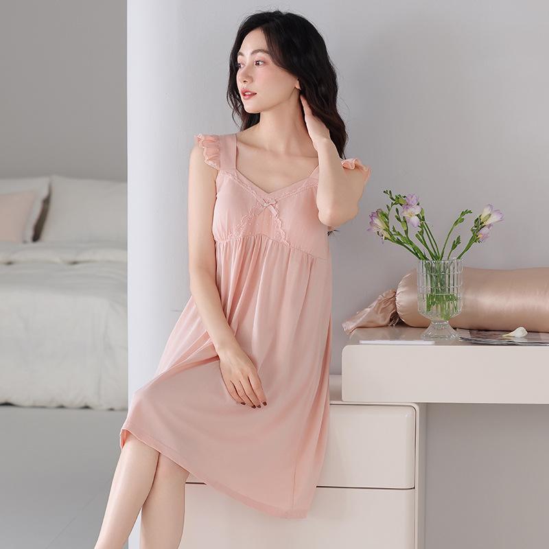 ワンピース レディース 純綿 ノースリーブ パッド付き ネグリジェ 部屋着 Vネック 涼しい 快適 リラッ..