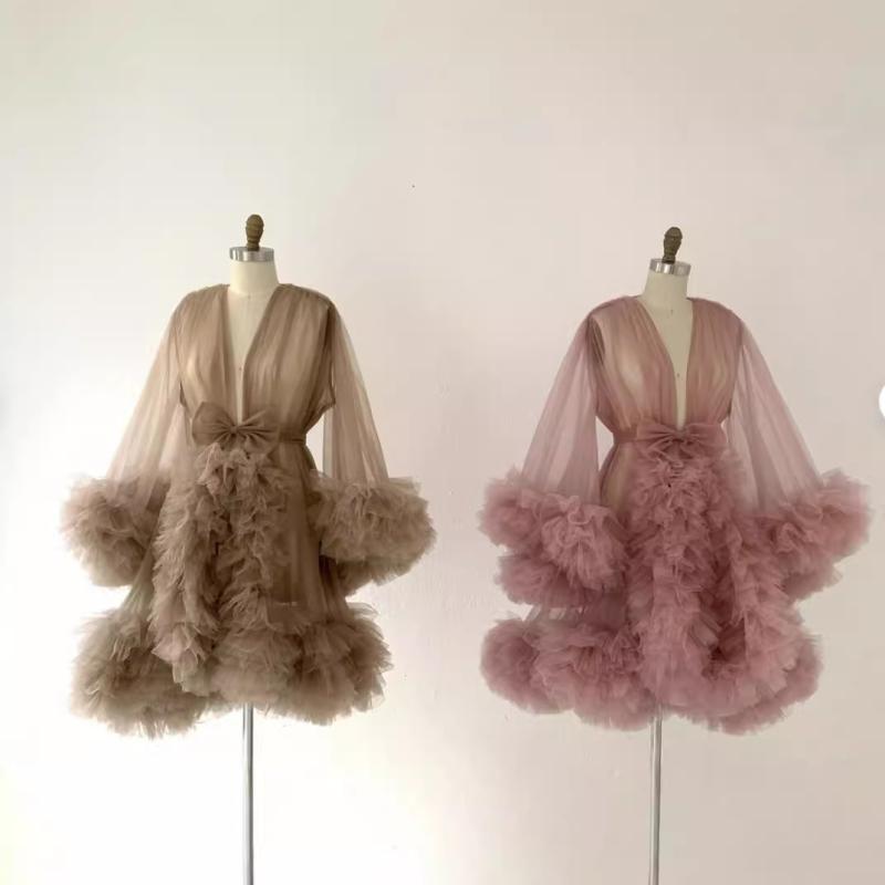 礼服 レディース マタニティ 膝丈ドレス ポリエステル チュール Aライン Vネック 無地 長袖 高腰 結婚式 パーティー ベージュ系