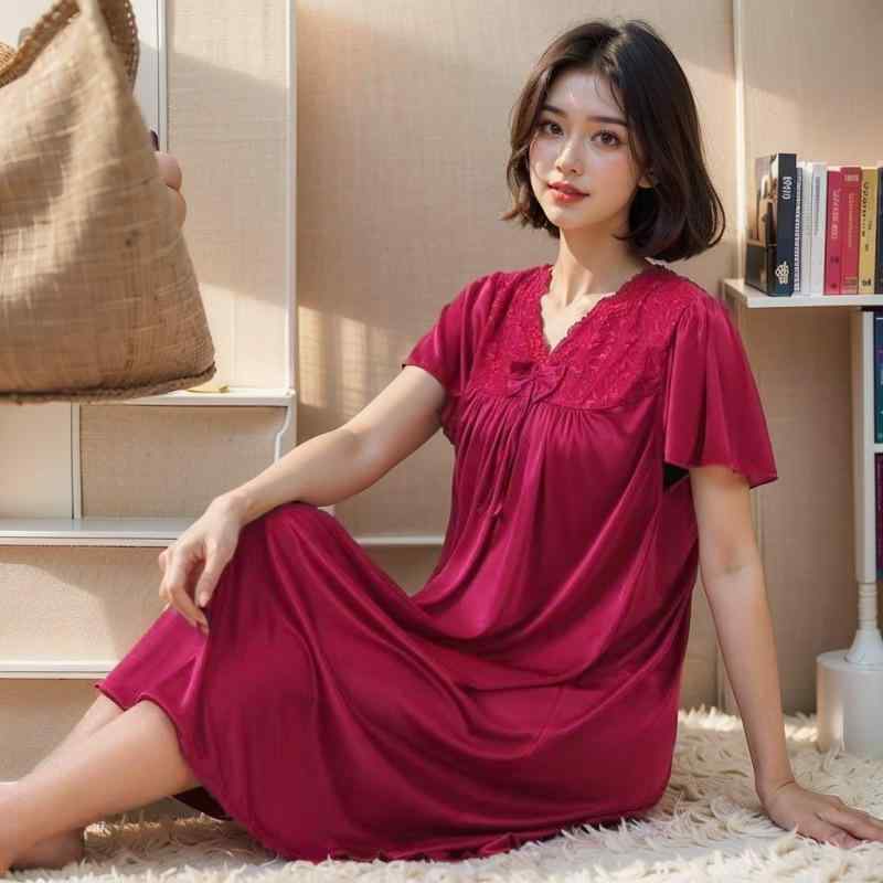 ワンピース レディース 接触冷感 涼しい Vネック 半袖 ルームウェア 寝巻き 部屋着 ナイトウェア マタ..