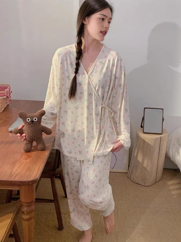 和服 マタニティウェア 授乳服 春夏 産褥 産後 ルームウェア 部屋着 花柄 長袖 長ズボン ポリエステル ..