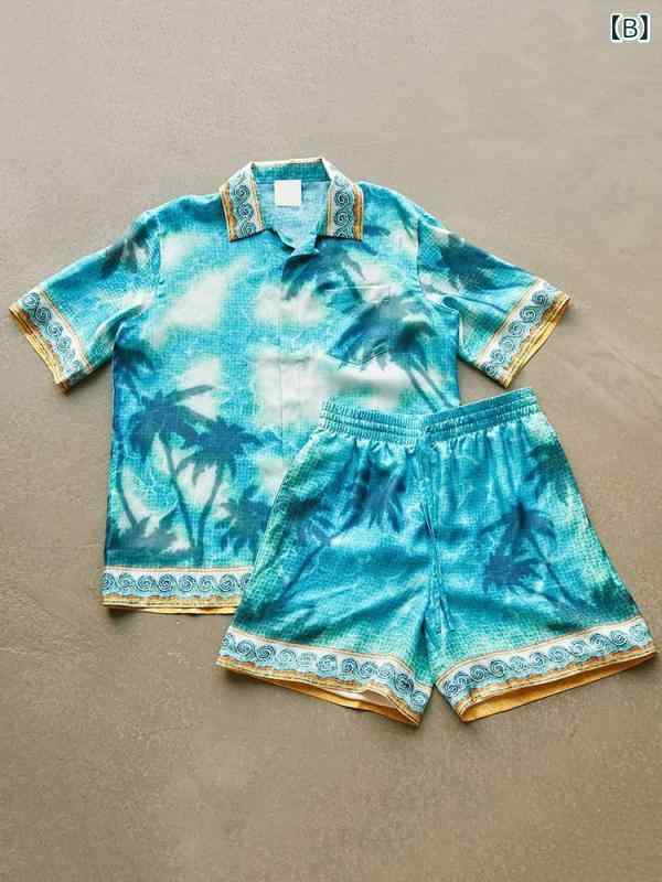 シャツ メンズ 半袖シャツ 短パン 上下セット 薄手 ポリエステル リゾート アロハ ハワイアン ファッション 3Dプリント カジュアル 男性用 普段使い 旅行