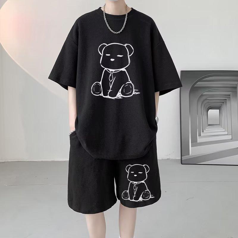 メンズ スポーツウェア ワッフル 織 Tシャツ ショートパンツ セットアップ 男性用 部屋着 ルームウェア 普段使い 夏 ポリエステル混紡 ホワイト ブラック グレー ブルー M L XL 2XL 3XL 4XL 5XL