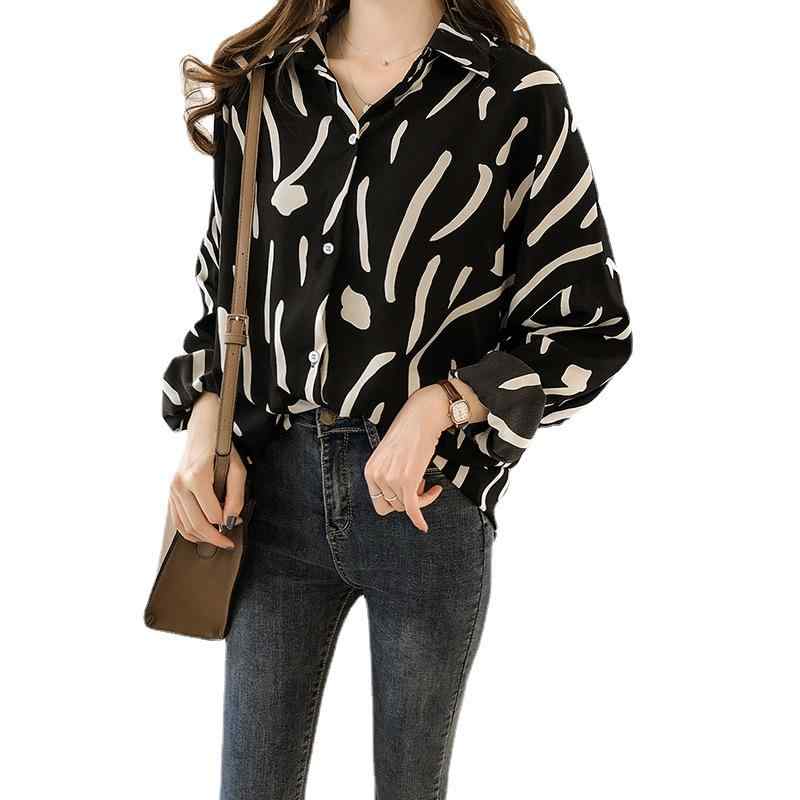 シャツ レディース 春夏 長袖 トップス シフォン ゆったり 大きめサイズ プリント柄 ポロ襟 ブラウス ..