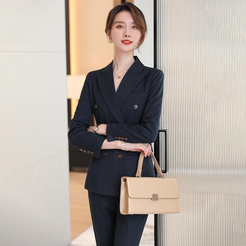 レディーススーツ セットアップ ポリエステル 仕事着 フォーマルウェア 米色 ダークブルー 長袖 九分丈パンツ 長ズボン