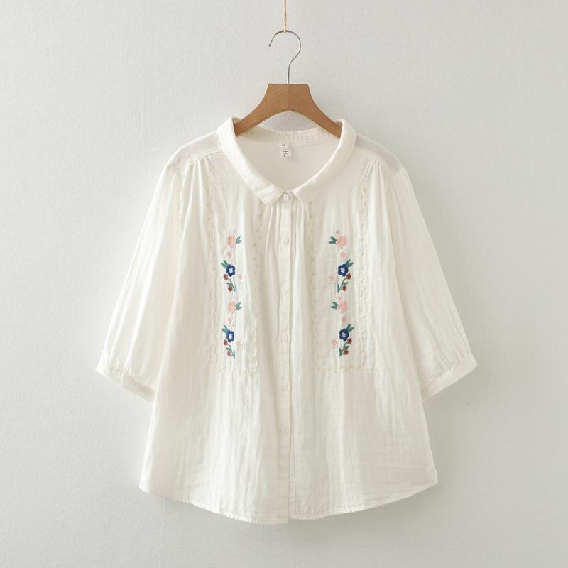 シャツ レディース 七分袖 コットン ガーゼ ブラウス ゆったり 刺繍 花柄 柔らかい 綿100% トップス 文..