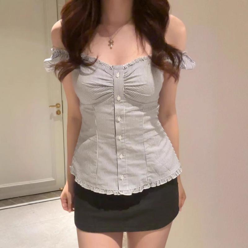 シャツ レディース 半袖 ストライプ柄 泡 パフスリーブ 再生繊維 ポリエステル 一文字ネック ボタン 留..