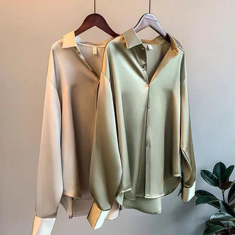 シャツ レディース デザイン シルク サテン ゆったり 韓国風 オフィス トップス ブラウス 白 黒 シャン..