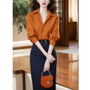 シャツ レディース 秋 セットアップ theory 通勤 きれいめ 2点セット ブラウス スカート 膝丈 ポリエステル オレンジ 紺色 ネイビー OL オフィス...