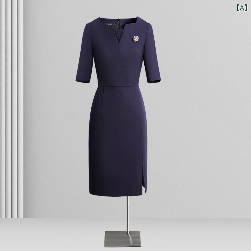 ワンピース レディース 五分袖 Vネック 膝丈 事務服 OL 通勤 無地 ポリエステル 知的 きれいめ エレガント 体型カバー 紺 ネイビー