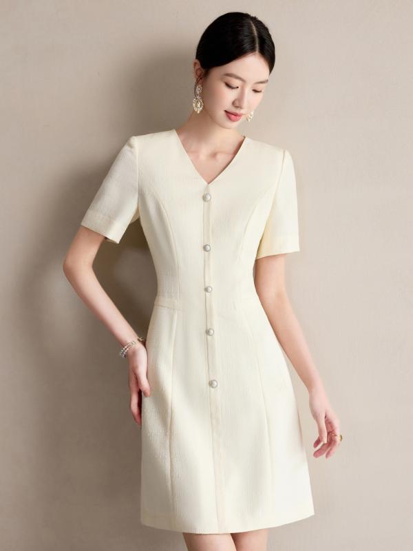 ワンピース レディース 半袖 ミディ丈 Vネック Aライン ポリエステル 粘胶繊維 無地 ボタン付き ベージュ オフィスカジュアル 通勤 仕事着 フォーマル きれいめ 上品