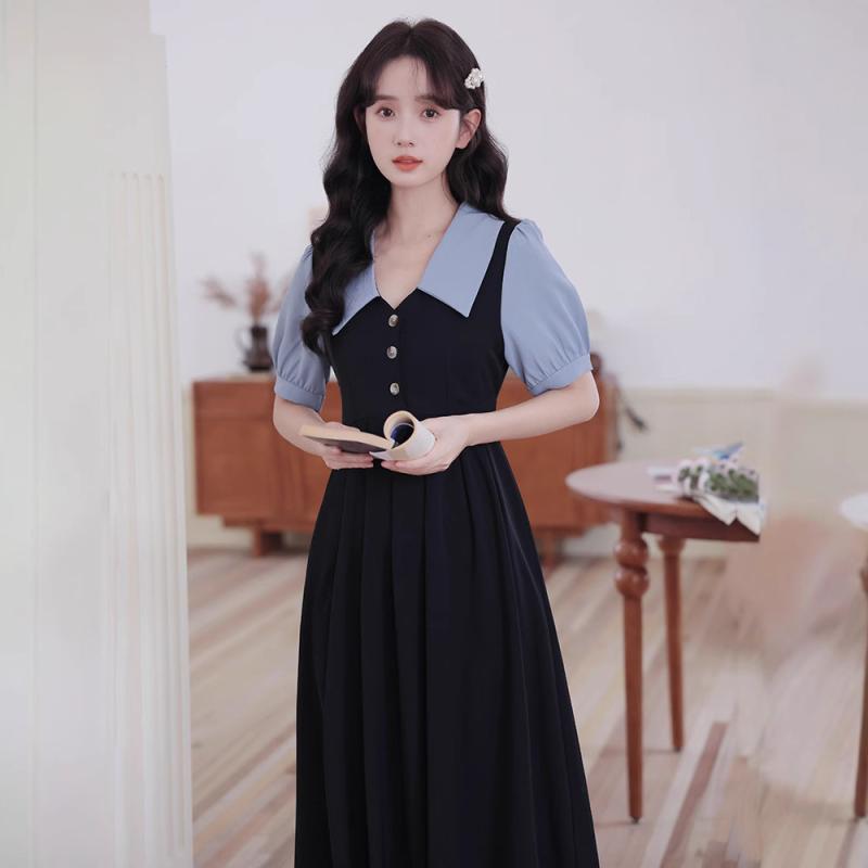 ワンピース レディース フォーマル 半袖 ひざ丈 Aライン 襟付き 黒 青 切り替え 接触冷感 高見え 通勤 オフィス