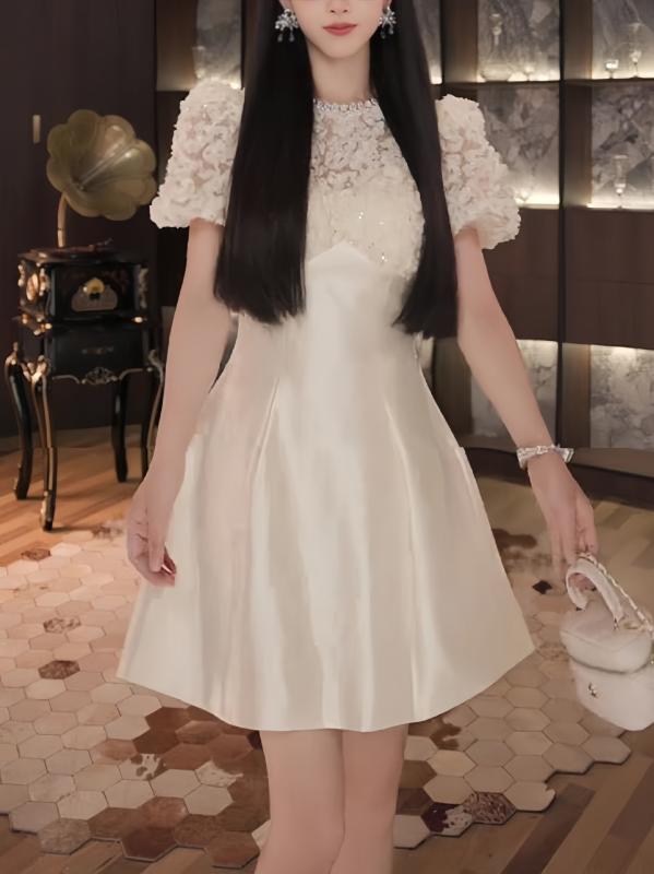 ワンピース レディース フォーマル 半袖 高見え Aライン ミニ丈 白 レース 春夏 結婚式 二次会 パーテ..