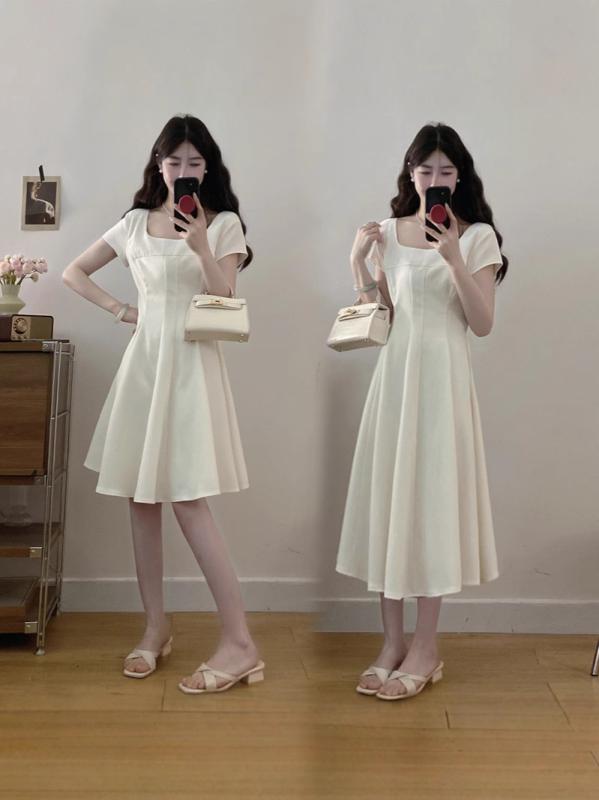 ワンピース レディース 大きいサイズ フォーマル フレンチ スクエアネック ヘップバーンスタイル Aライン ミモレ丈 半袖 ウエストシェイプ 綿混紡 ブラック ...